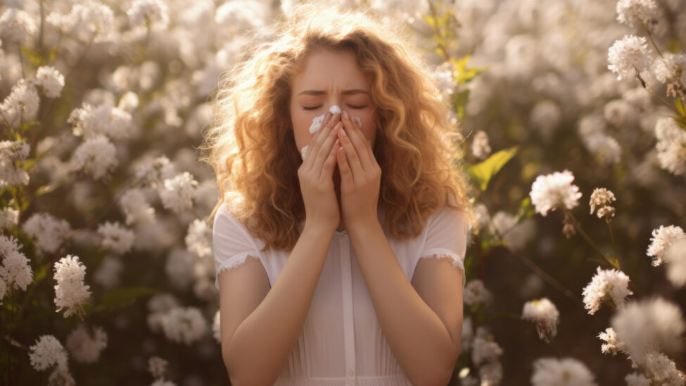 woman sneezing in field