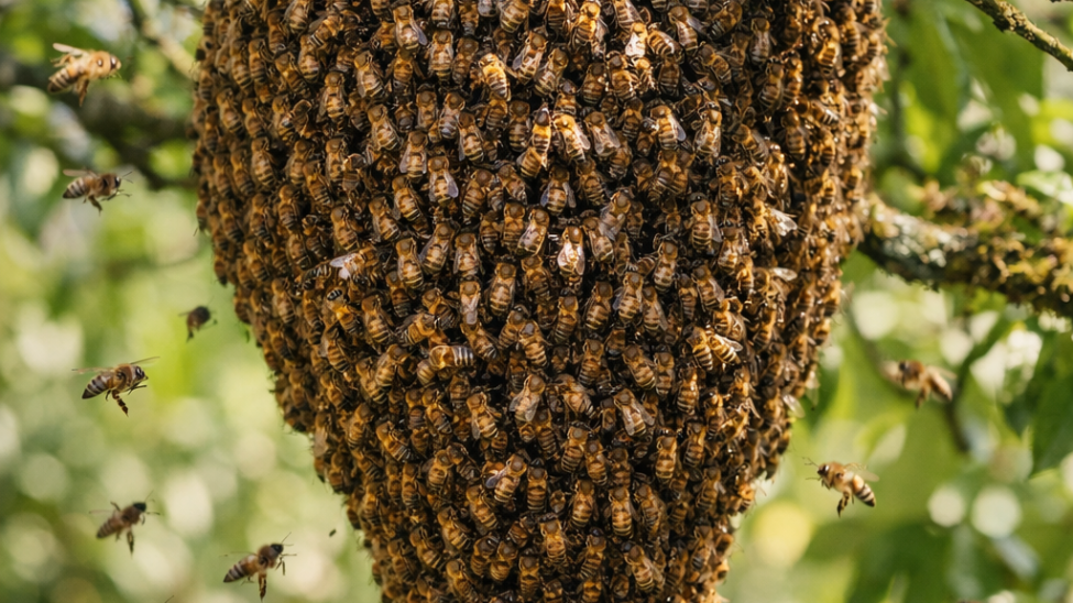 bee swarm in a tree at a park in san jose