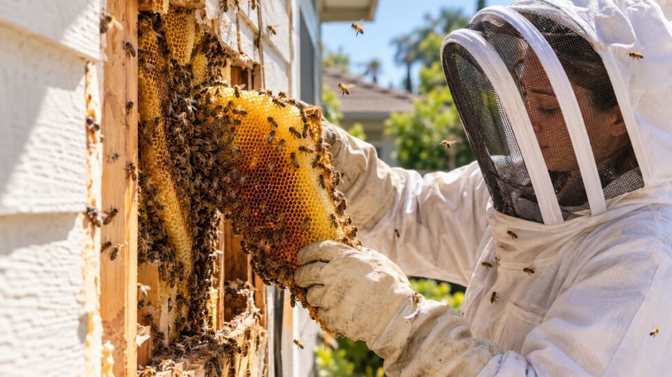 beekeeper taking a beehive out of the wall of a home